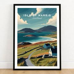 Isle of Harris Scotland Beach Print - Scenic Coastal Wall Art in a black wooden frame leaning against a white wall on a light wooden floor