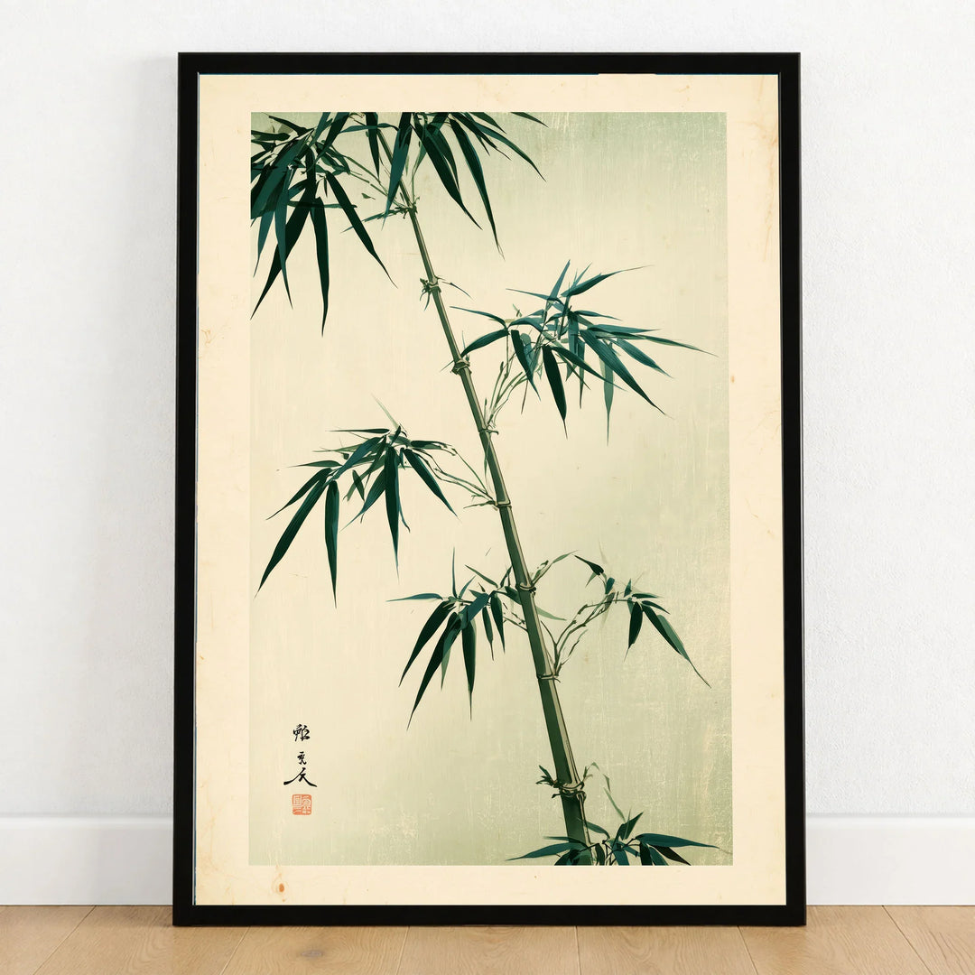 Green Bamboo Art Print – Japanese Botanical Wall Art — art print in black frame on wooden floor