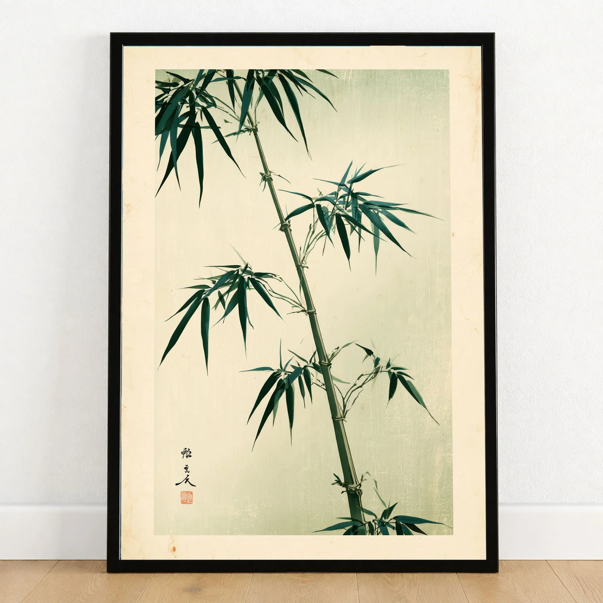 Green Bamboo Art Print – Japanese Botanical Wall Art — art print in black frame on wooden floor