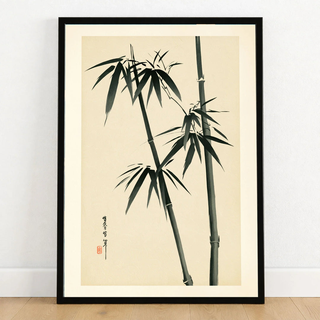 Bamboo Wall Art – Vintage Japanese Ink Print — art print in black frame on wooden floor