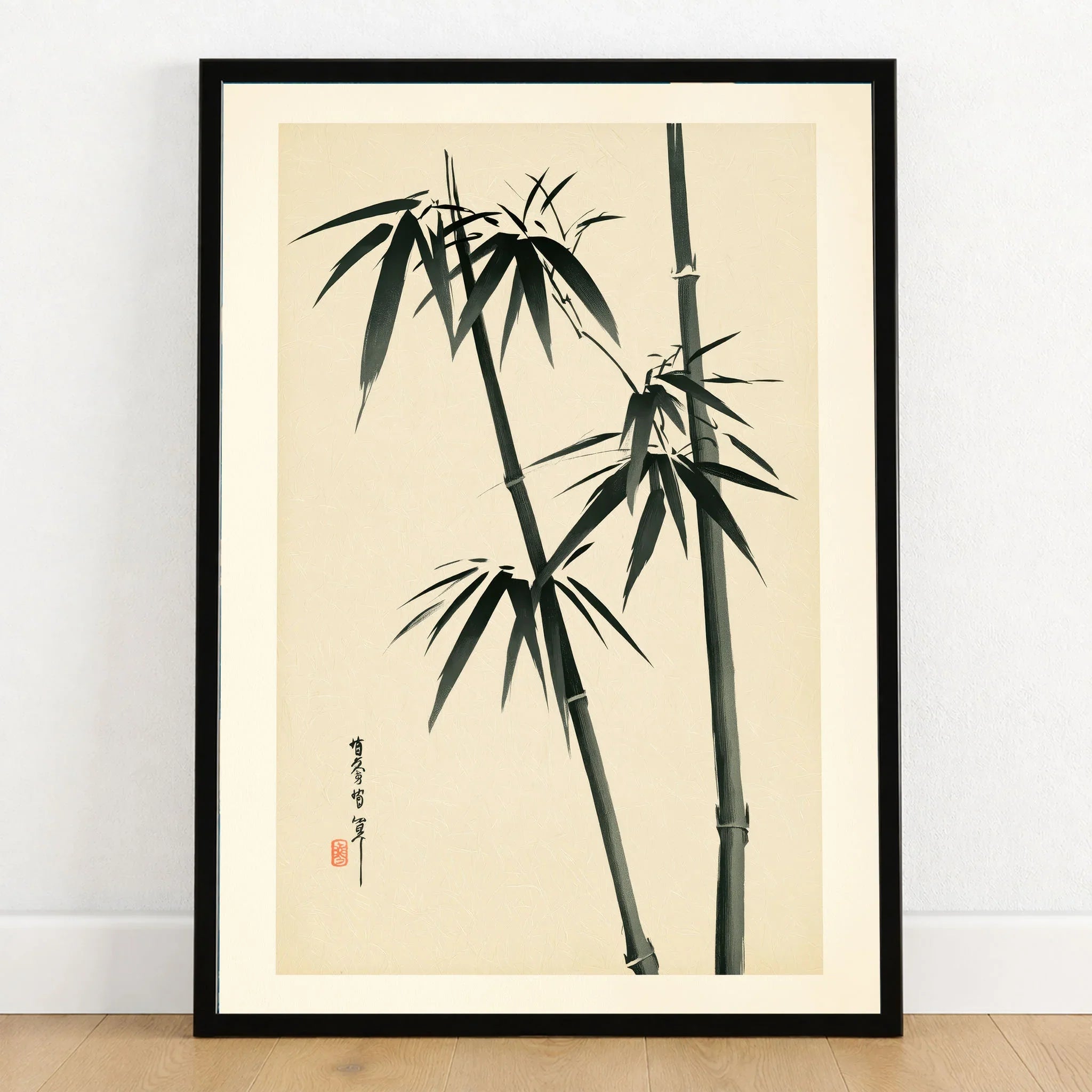 Bamboo Wall Art – Vintage Japanese Ink Print — art print in black frame on wooden floor