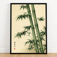 Bamboo Art Print – Green Japanese Botanical Wall Art — art print in black frame on wooden floor