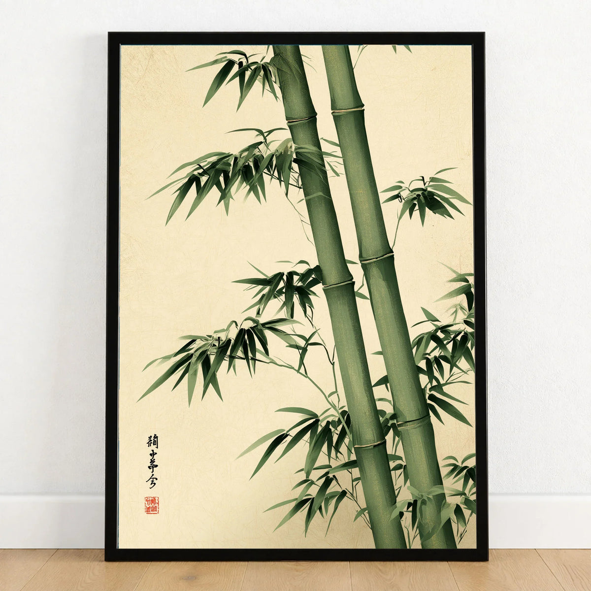 Bamboo Art Print – Green Japanese Botanical Wall Art — art print in black frame on wooden floor