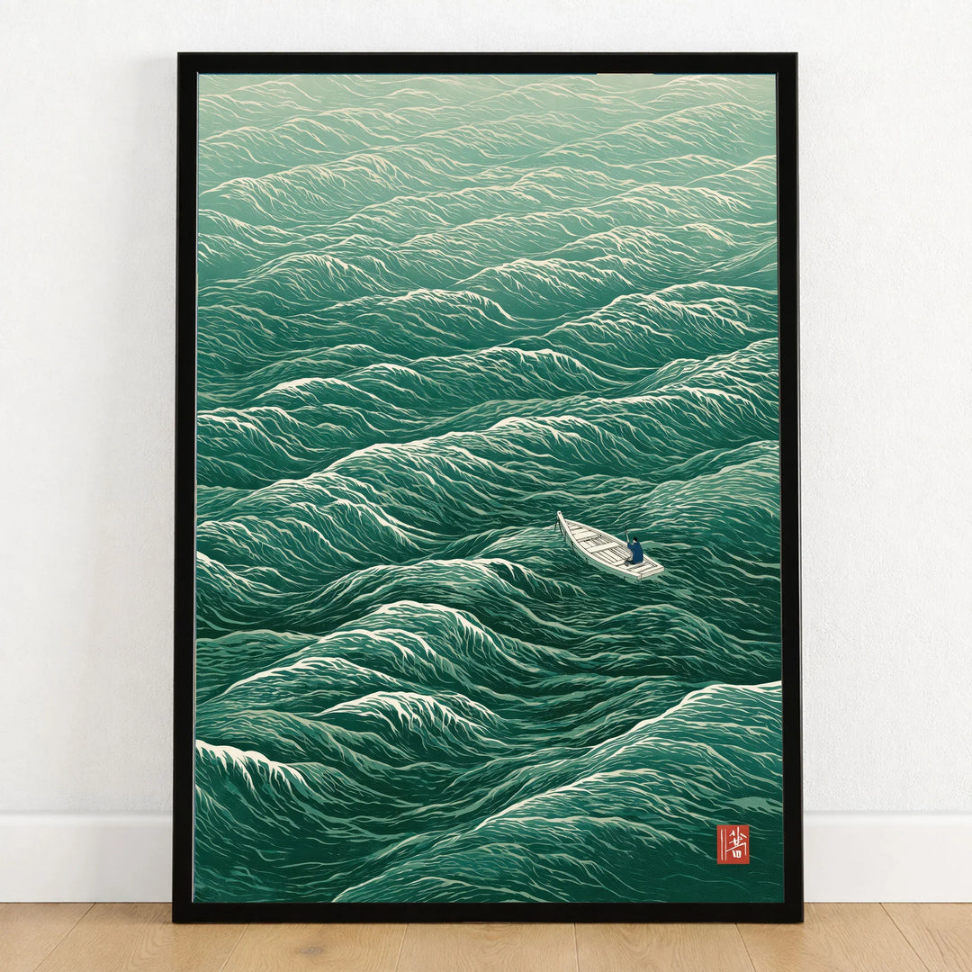 Lone Boat Art Print – Japanese Ocean Wall Art — art print in black frame on wooden floor