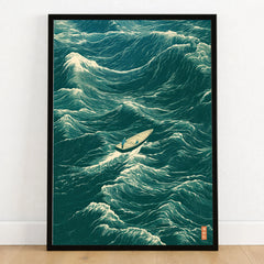 Fishing Boat Wall Art – Vintage Japanese Ocean Print — art print in black frame on wooden floor
