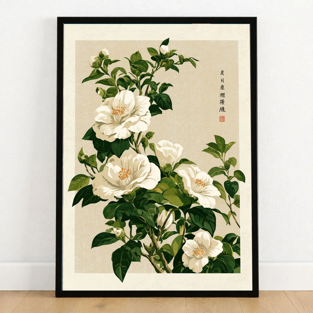 White Camellia Art Print – Vintage Japanese Botanical Wall Art — art print in black frame on wooden floor