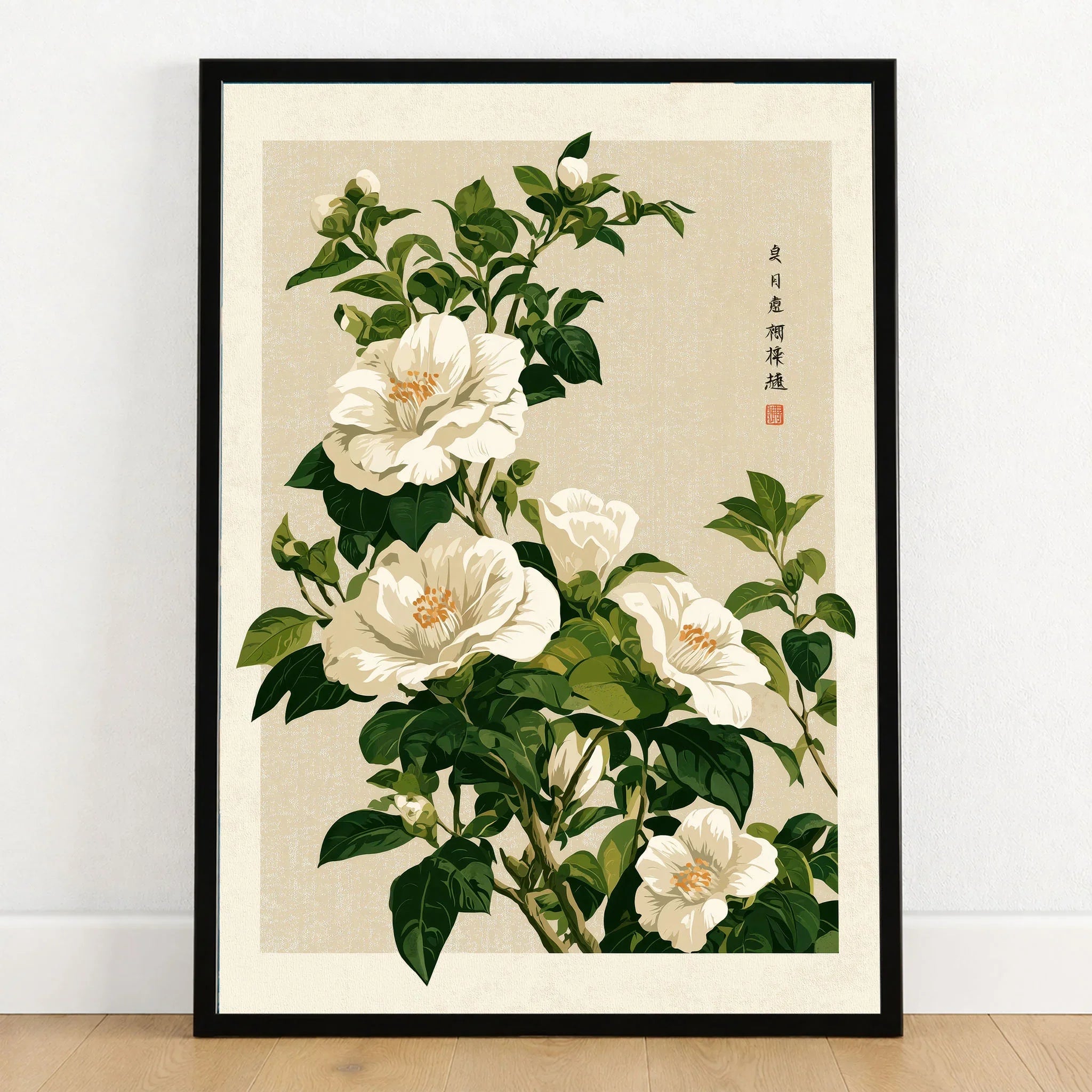 White Camellia Art Print – Vintage Japanese Botanical Wall Art — art print in black frame on wooden floor