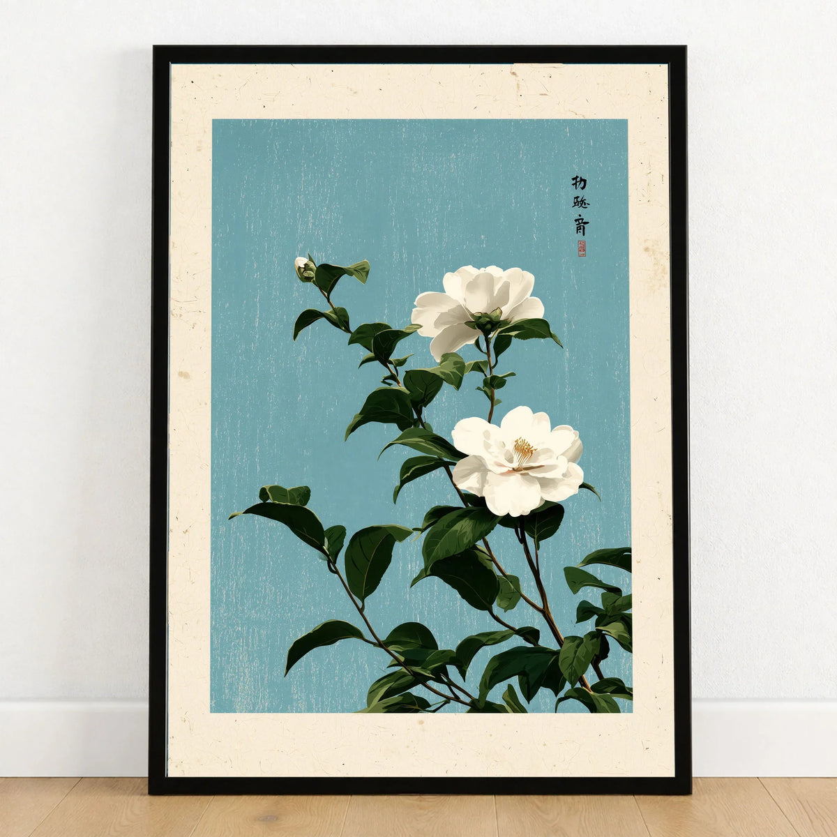 Camellia Wall Art – Blue Japanese Botanical Print — art print in black frame on wooden floor