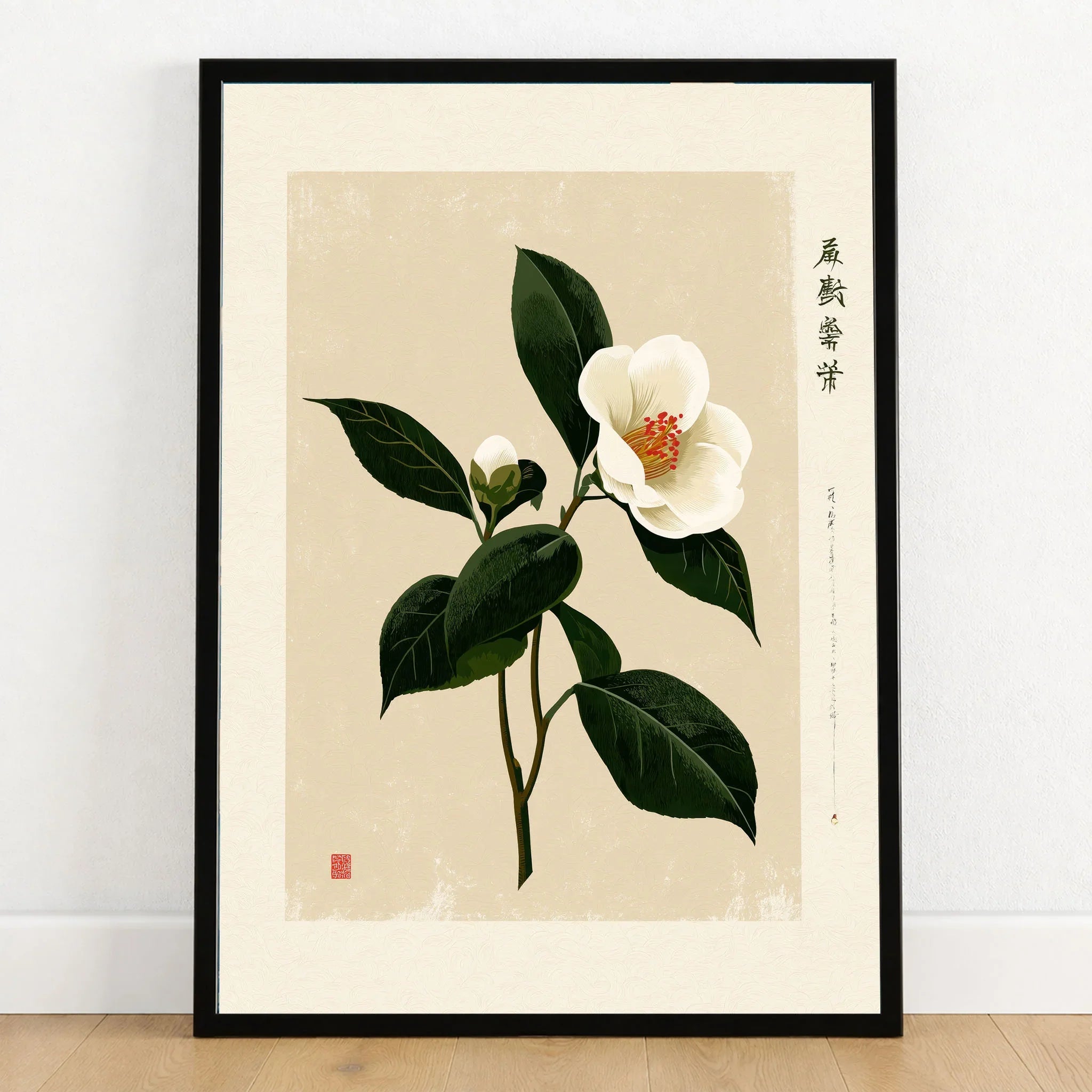 White Camellia Wall Art – Minimalist Japanese Botanical Print — art print in black frame on wooden floor