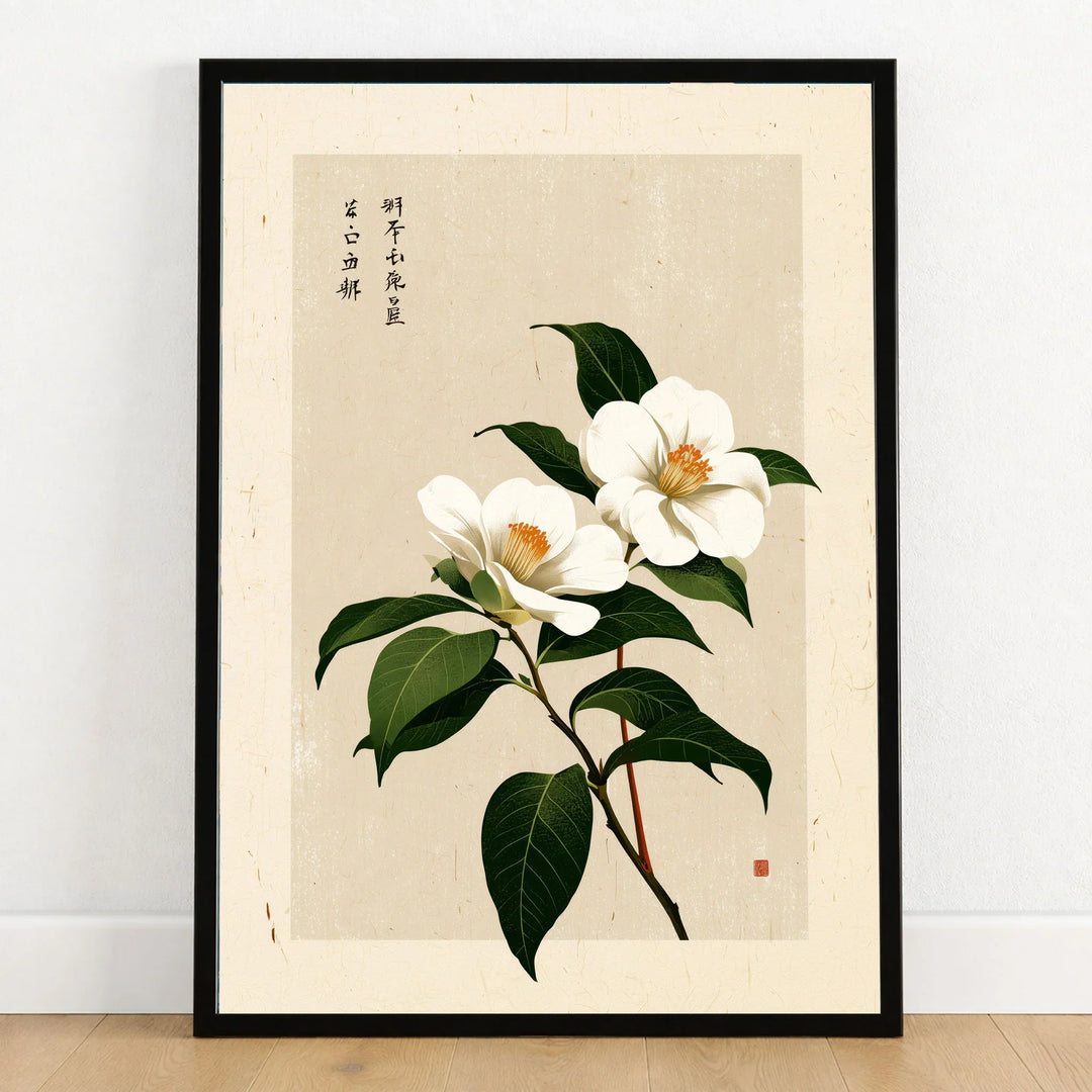 Camellia Art Print – Vintage Japanese Flower Wall Art — art print in black frame on wooden floor