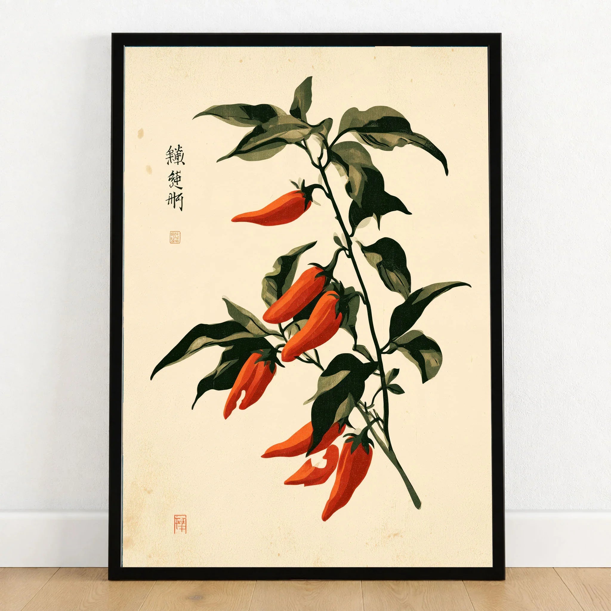 Red Chilli Art Print – Japanese Botanical Kitchen Wall Art — art print in black frame on wooden floor