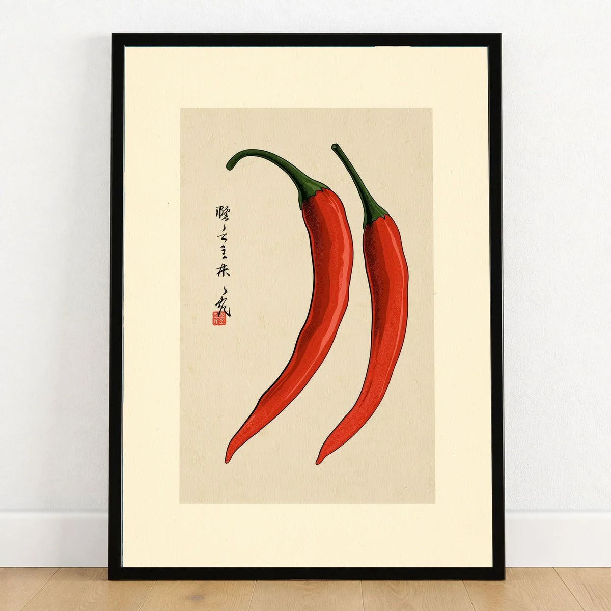 Chilli Pepper Wall Art – Minimalist Japanese Kitchen Print — art print in black frame on wooden floor