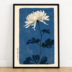 Chrysanthemum Art Print – Blue Japanese Botanical Wall Art — art print in black frame on wooden floor