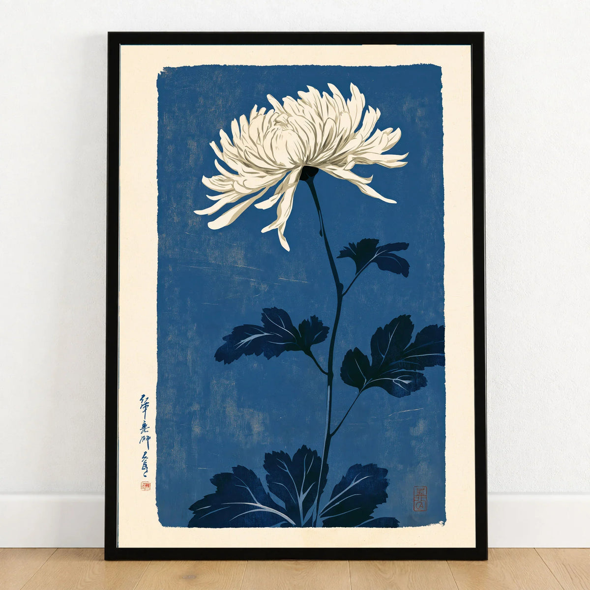 Chrysanthemum Art Print – Blue Japanese Botanical Wall Art — art print in black frame on wooden floor