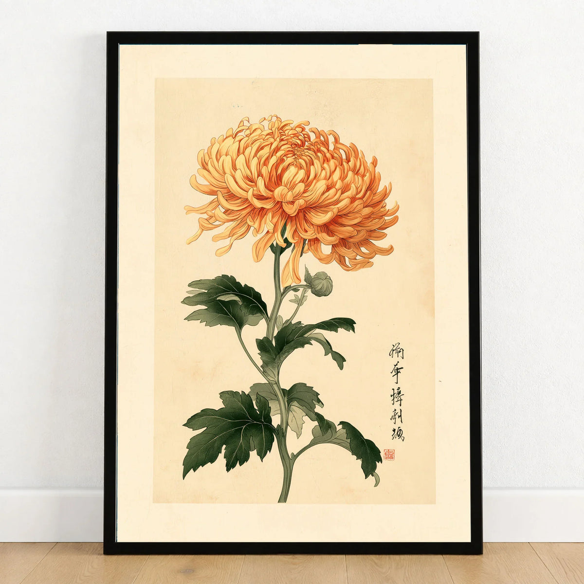 Orange Chrysanthemum Art Print – Vintage Japanese Wall Art — art print in black frame on wooden floor