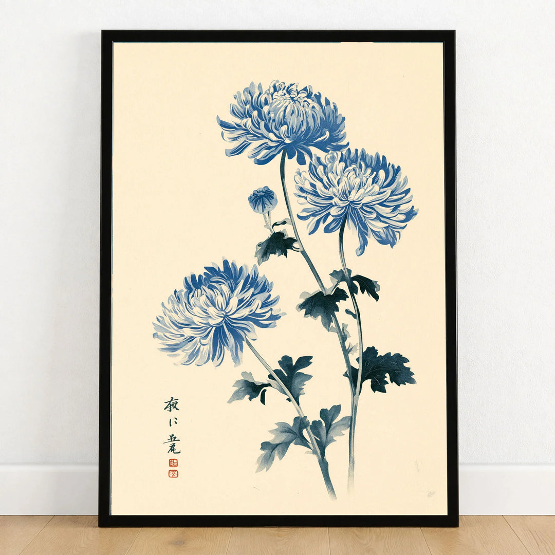Blue Chrysanthemum Art Print – Japanese Botanical Wall Art — art print in black frame on wooden floor