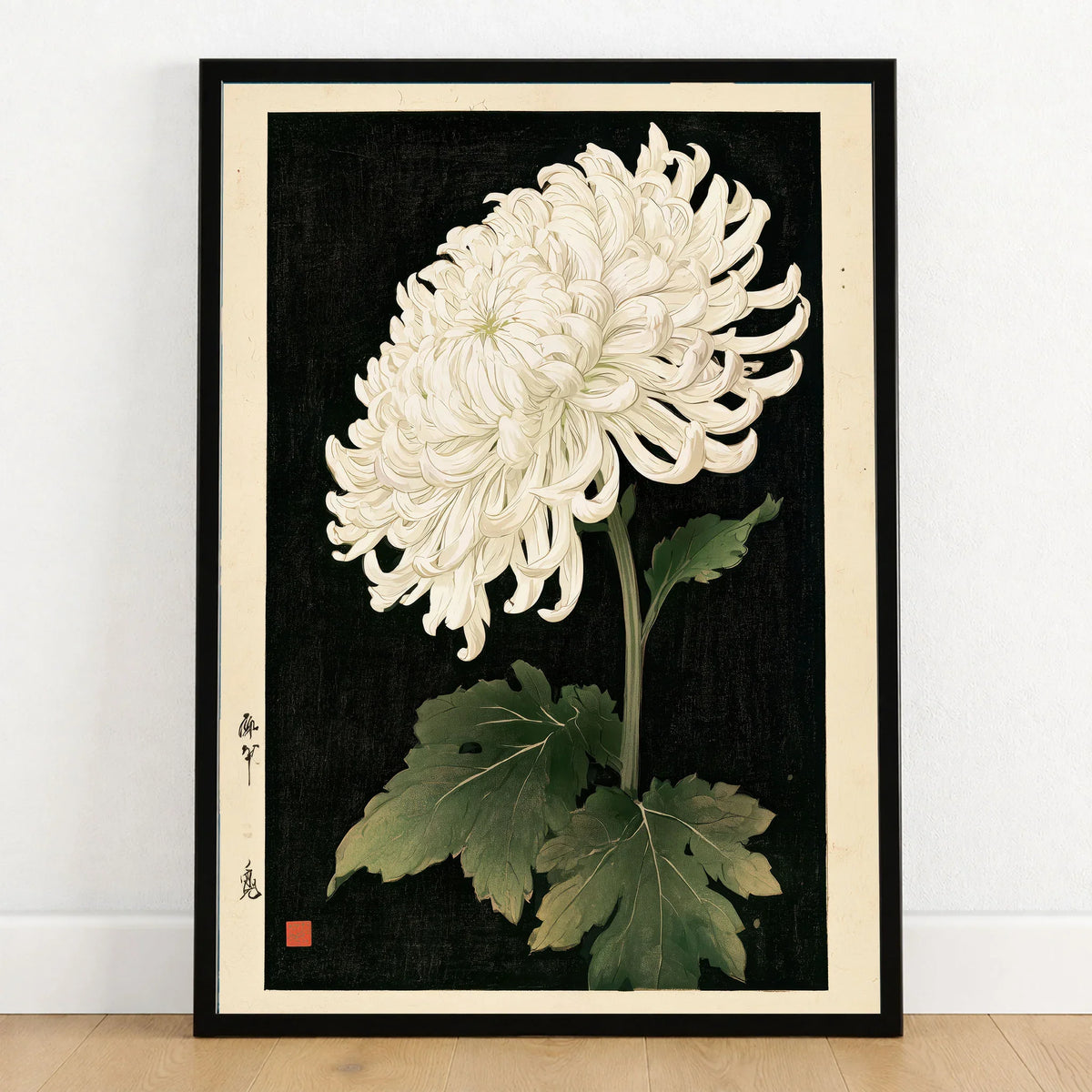 White Chrysanthemum Wall Art – Black Japanese Botanical Print — art print in black frame on wooden floor