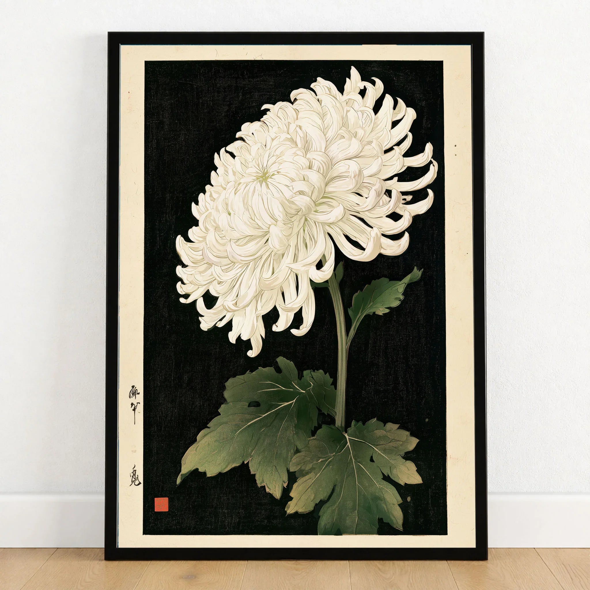 White Chrysanthemum Wall Art – Black Japanese Botanical Print — art print in black frame on wooden floor