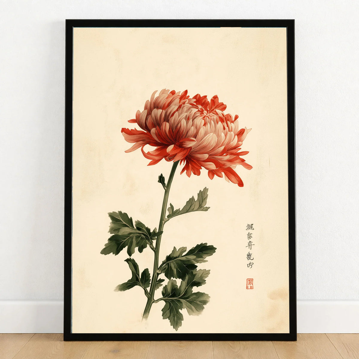 Red Chrysanthemum Art Print – Vintage Japanese Flower Wall Art — art print in black frame on wooden floor