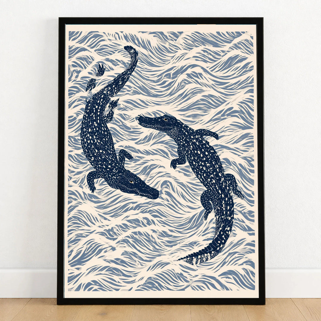 Crocodile Art Print – Blue Japanese Woodblock Wall Art — art print in black frame on wooden floor