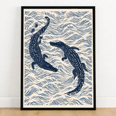 Crocodile Art Print – Blue Japanese Woodblock Wall Art — art print in black frame on wooden floor