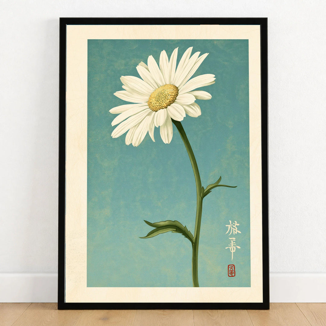Daisy Art Print – Blue Japanese Botanical Wall Art — art print in black frame on wooden floor
