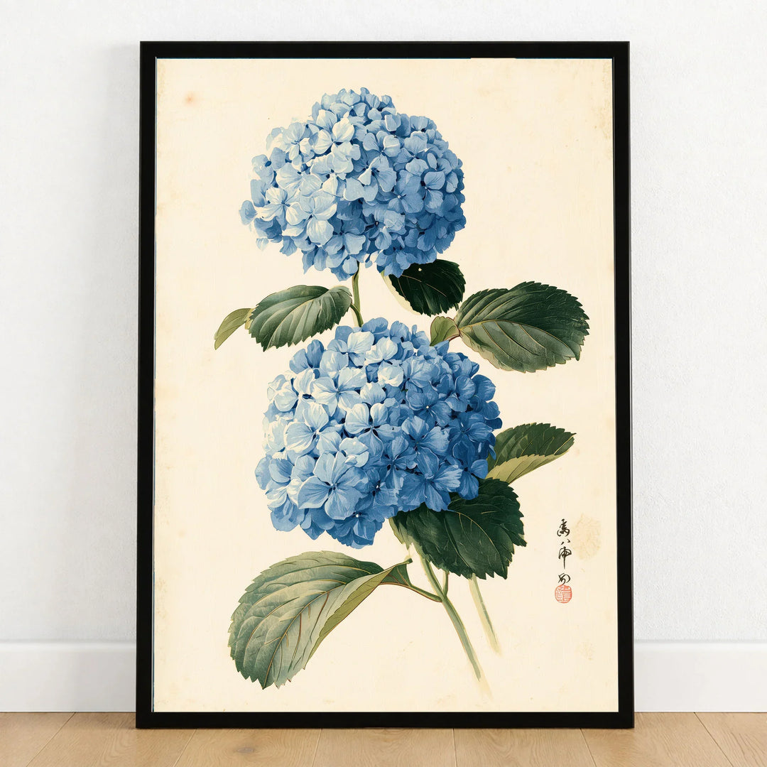 Blue Hydrangea Art Print – Japanese Botanical Wall Art — art print in black frame on wooden floor