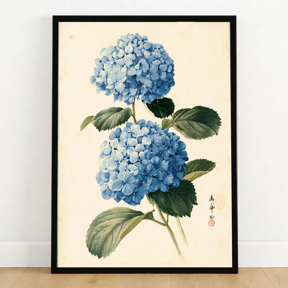 Blue Hydrangea Art Print – Japanese Botanical Wall Art — art print in black frame on wooden floor