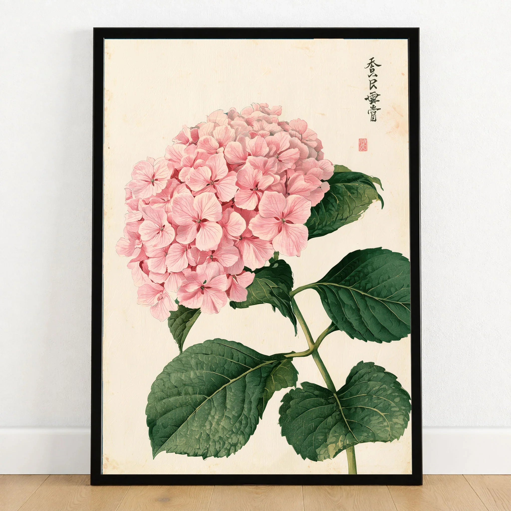 Pink Hydrangea Art Print – Vintage Japanese Botanical Wall Art — art print in black frame on wooden floor