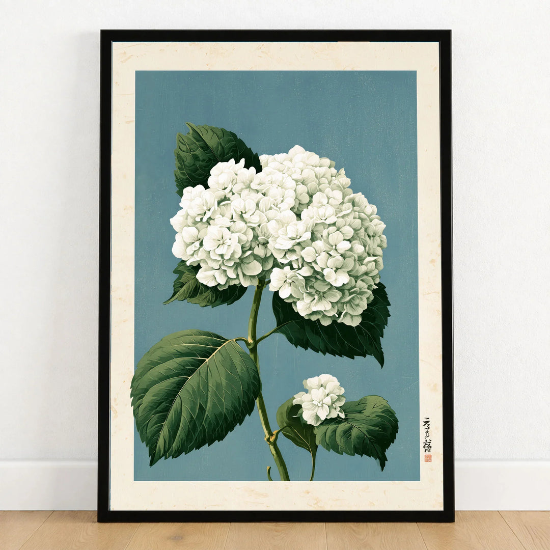 White Hydrangea Wall Art – Blue Japanese Botanical Print — art print in black frame on wooden floor