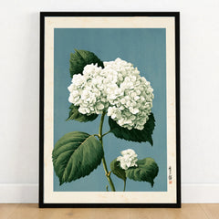 White Hydrangea Wall Art – Blue Japanese Botanical Print — art print in black frame on wooden floor
