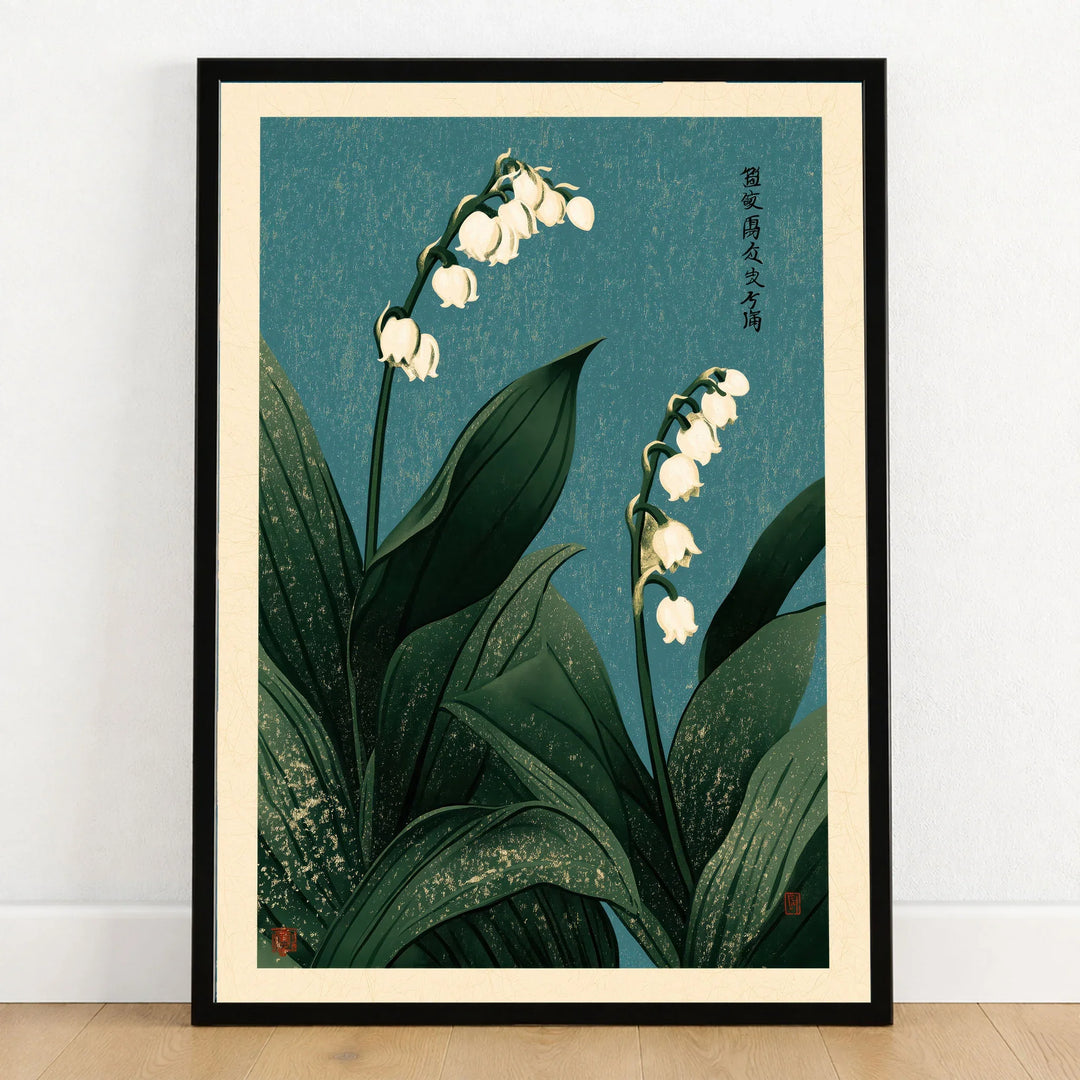 Lily of the Valley Wall Art – Vintage Japanese Botanical Print — art print in black frame on wooden floor