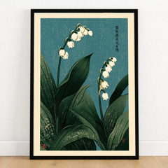 Lily of the Valley Wall Art – Vintage Japanese Botanical Print — art print in black frame on wooden floor