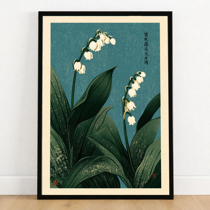 Lily of the Valley Wall Art – Vintage Japanese Botanical Print — art print in black frame on wooden floor