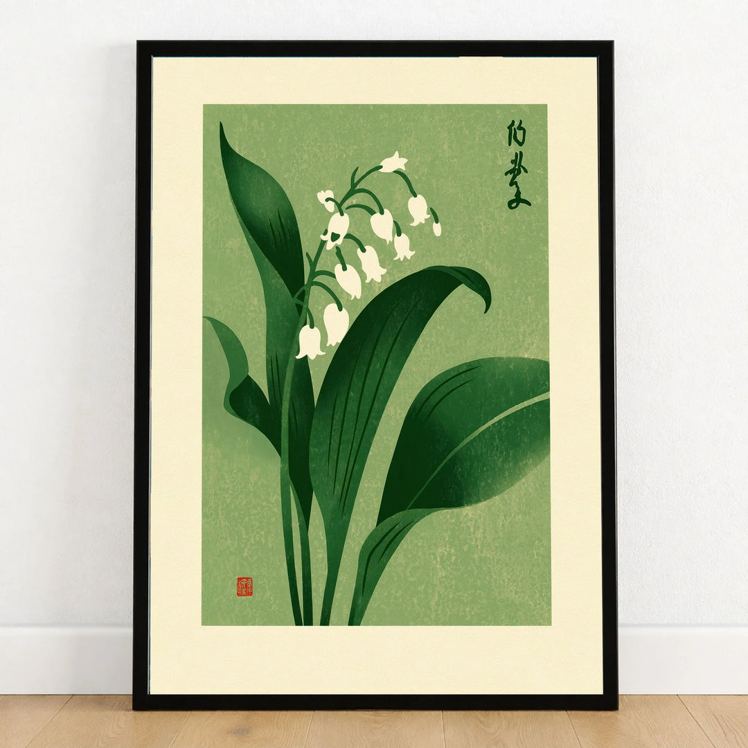 Lily of the Valley Art Print – Green Japanese Botanical Wall Art — art print in black frame on wooden floor