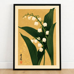 Lily of the Valley Print – Gold Japanese Botanical Wall Art — art print in black frame on wooden floor