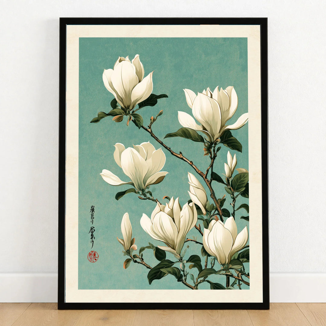 Magnolia Art Print – Blue Japanese Botanical Wall Art — art print in black frame on wooden floor
