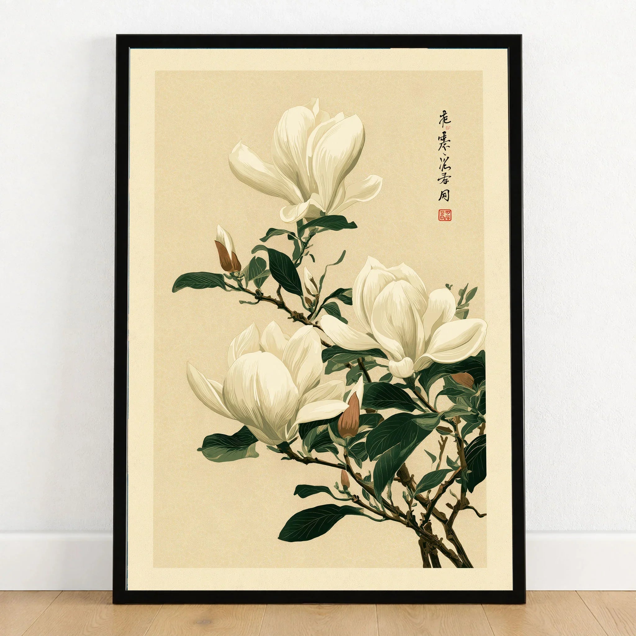 Magnolia Wall Art – Vintage Japanese Botanical Print — art print in black frame on wooden floor