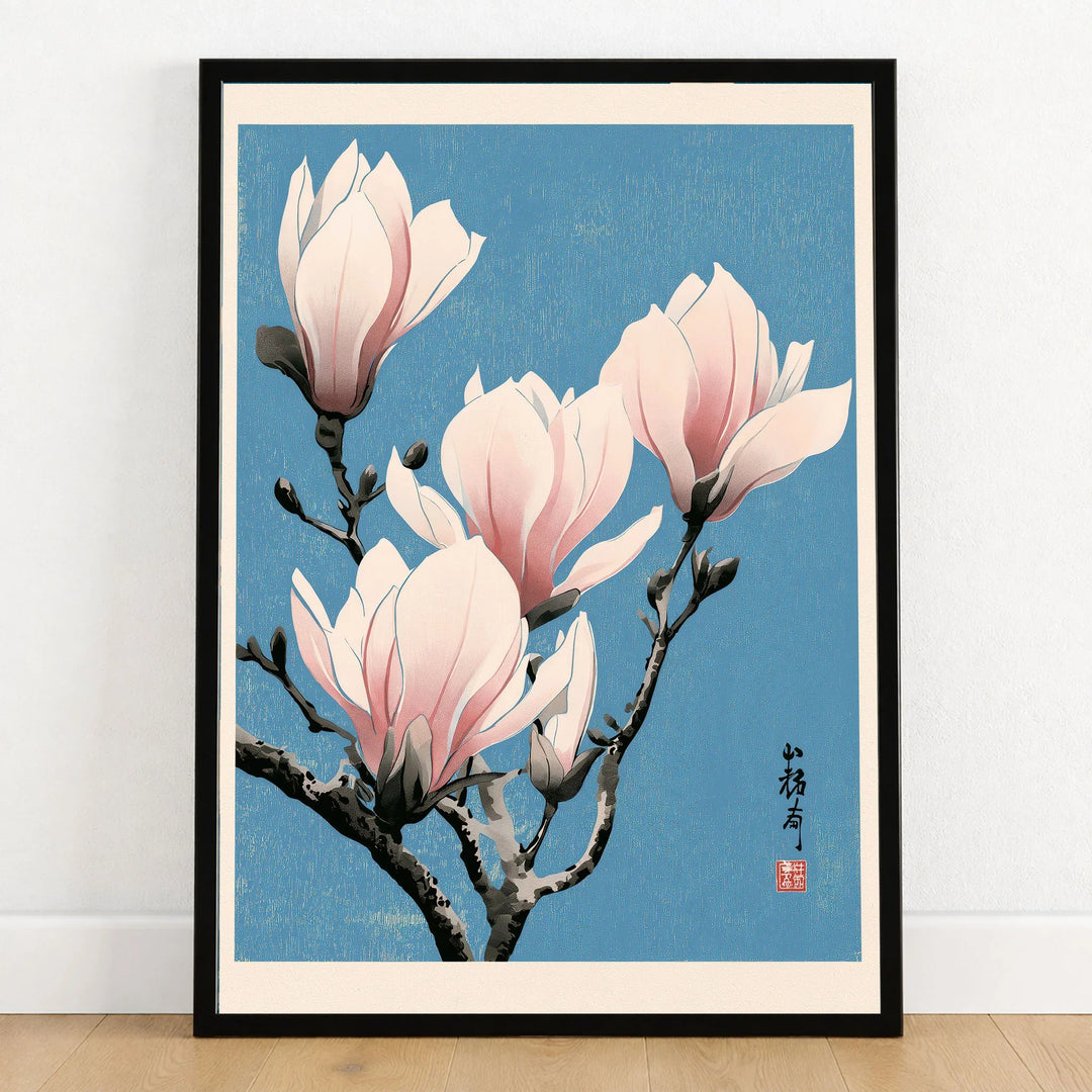 Pink Magnolia Art Print – Blue Japanese Botanical Wall Art — art print in black frame on wooden floor