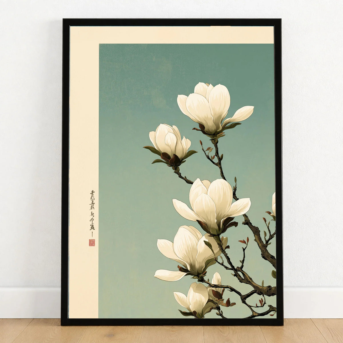 Magnolia Blossom Art Print – Soft Japanese Botanical Wall Art — art print in black frame on wooden floor