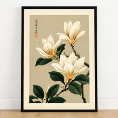 Magnolia Flower Wall Art – Neutral Japanese Botanical Print — art print in black frame on wooden floor