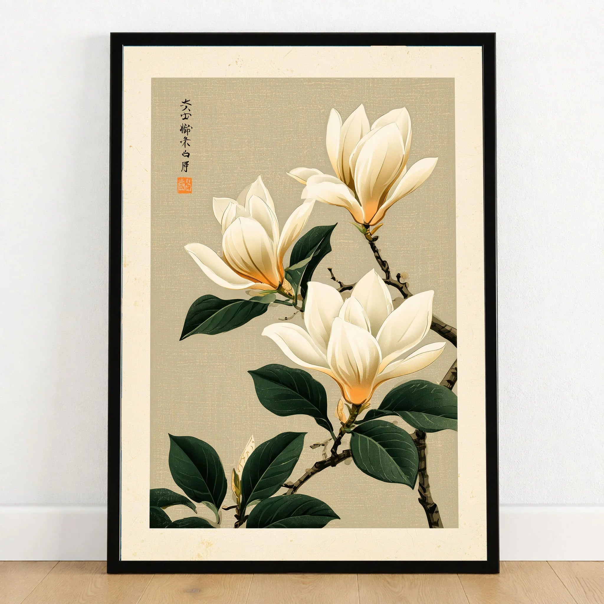 Magnolia Flower Wall Art – Neutral Japanese Botanical Print — art print in black frame on wooden floor