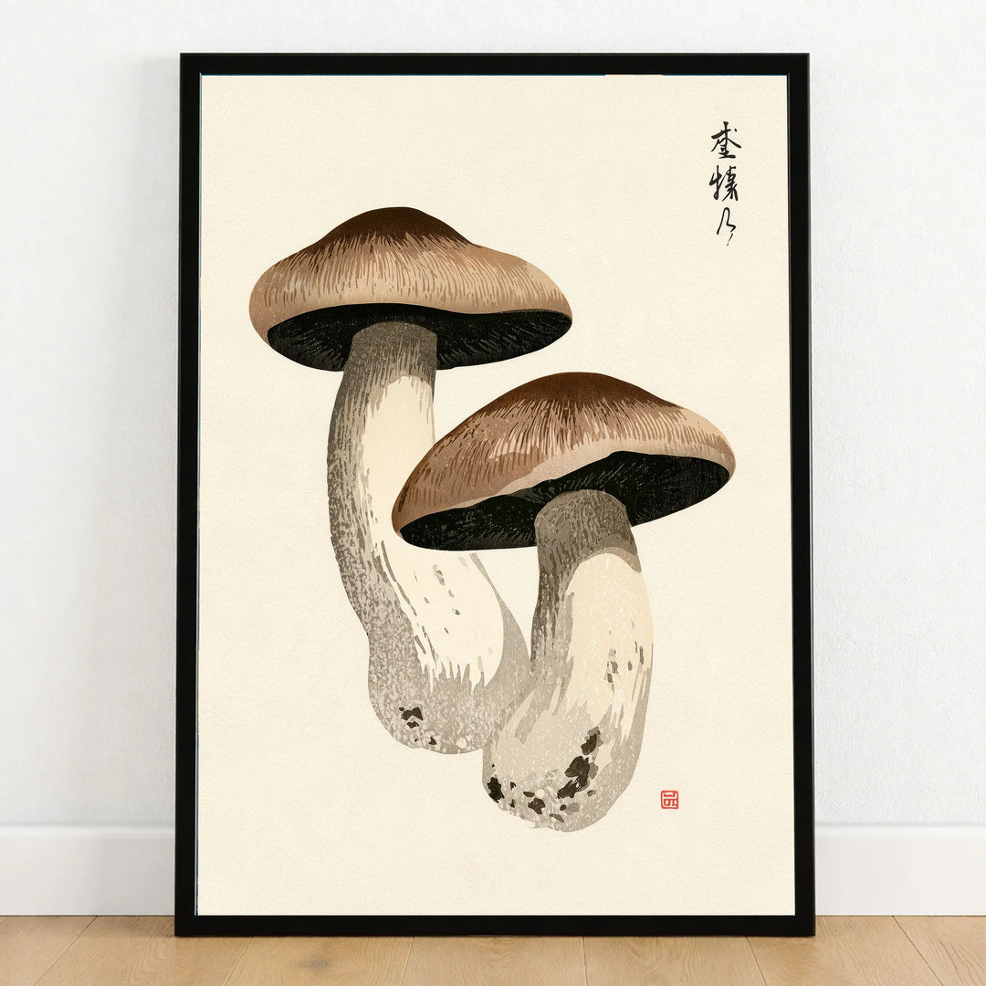 Mushroom Art Print – Vintage Japanese Botanical Wall Art — art print in black frame on wooden floor