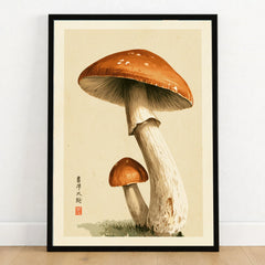Mushroom Wall Art – Vintage Japanese Woodland Print — art print in black frame on wooden floor