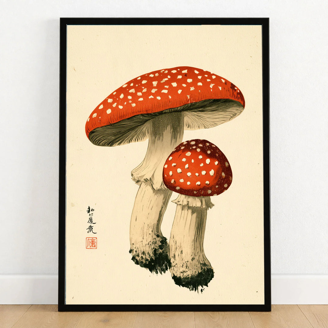 Fly Agaric Mushroom Art Print – Red Japanese Wall Art — art print in black frame on wooden floor