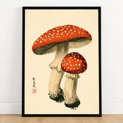 Fly Agaric Mushroom Art Print – Red Japanese Wall Art — art print in black frame on wooden floor