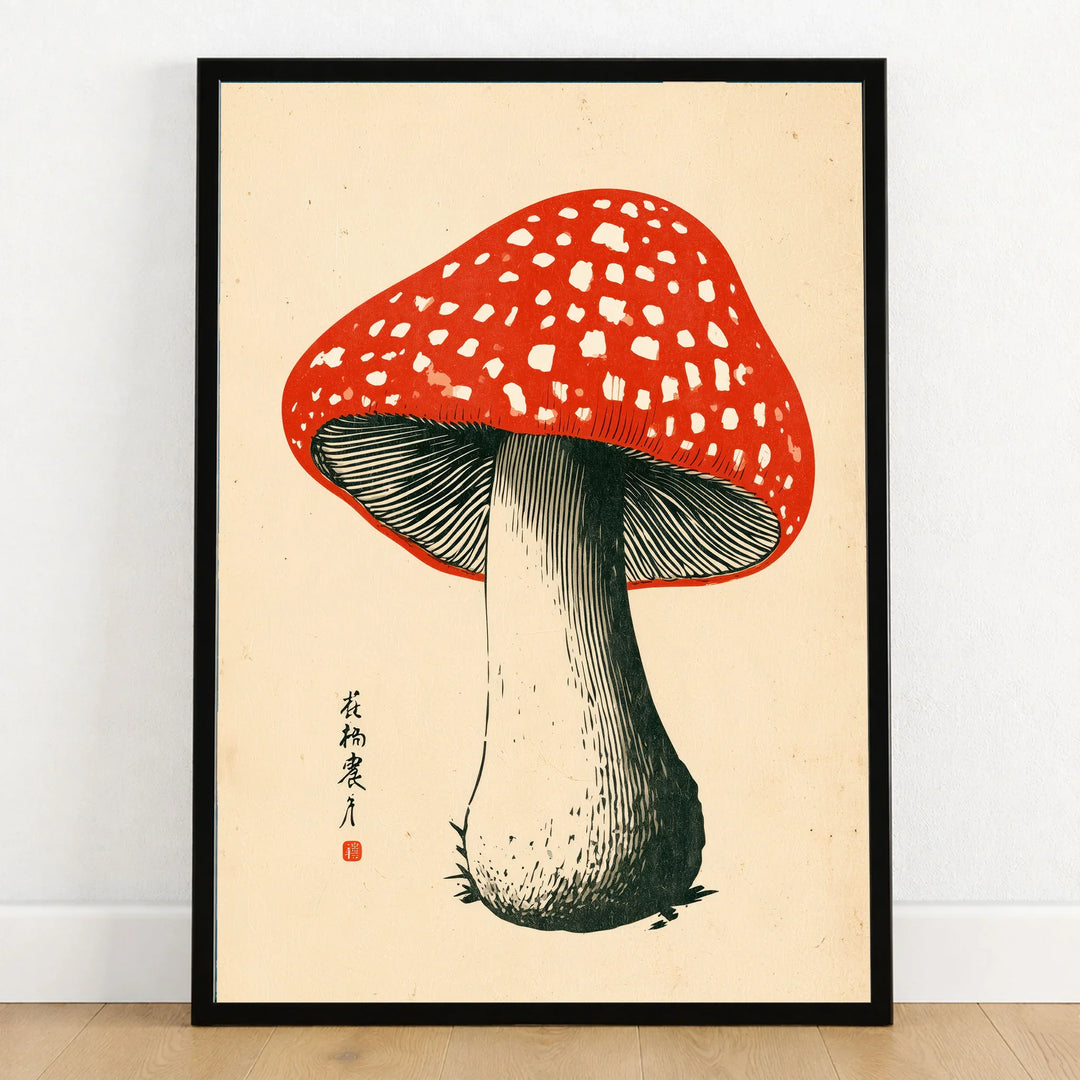 Red Mushroom Art Print – Japanese Woodblock Wall Art — art print in black frame on wooden floor