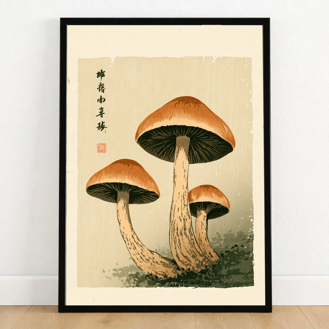 Mushroom Print – Japanese Forest Botanical Wall Art — art print in black frame on wooden floor