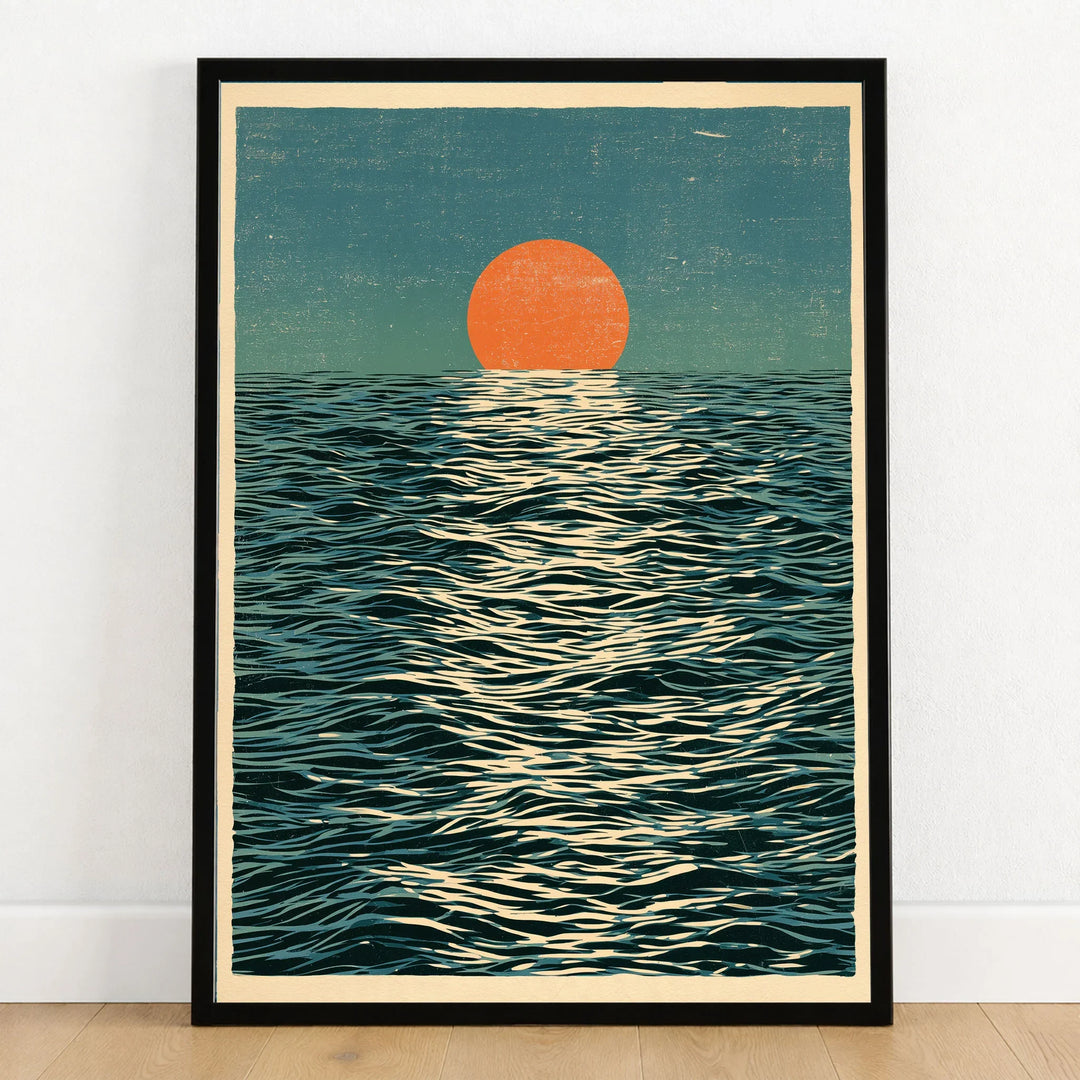 Ocean Sunset Art Print – Japanese Seascape Wall Art — art print in black frame on wooden floor