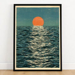 Ocean Sunset Art Print – Japanese Seascape Wall Art — art print in black frame on wooden floor